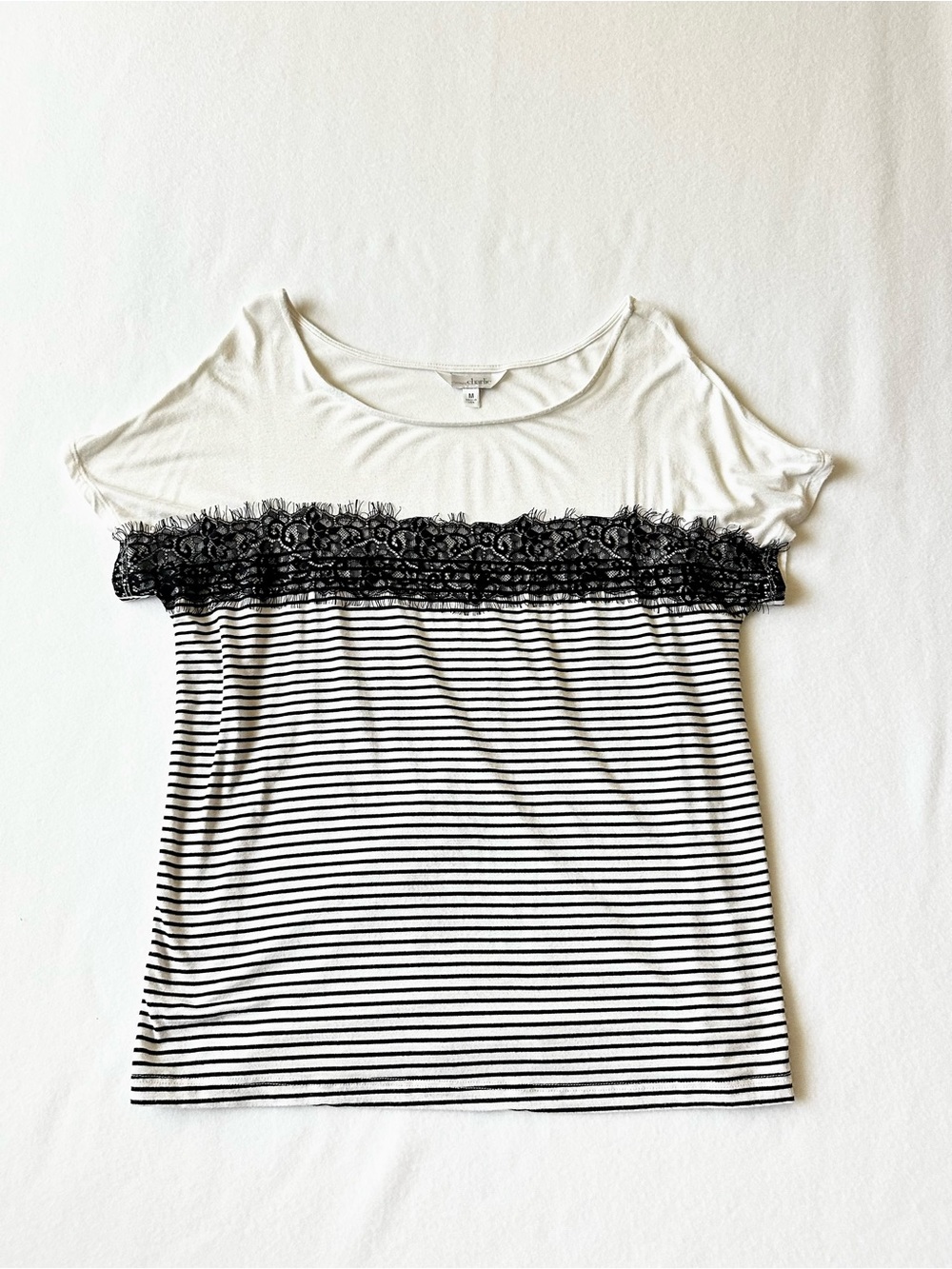 Charming Charlie Women Striped Top Medium Black White Lace Embellished
